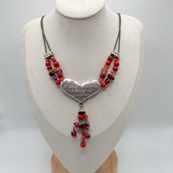 Vintage Handcrafted Silver Tone Heart Pendant Necklace with Red Beads - Picture 1 of 3